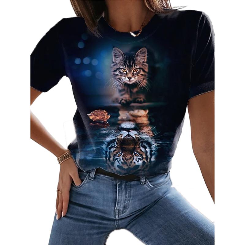 Women's 3d Cats Print Black Kawaii T Shirt Female Cute Animal Y2k Graphic T Shirts Girl Street Oversized Tees Haigh Quality Tops