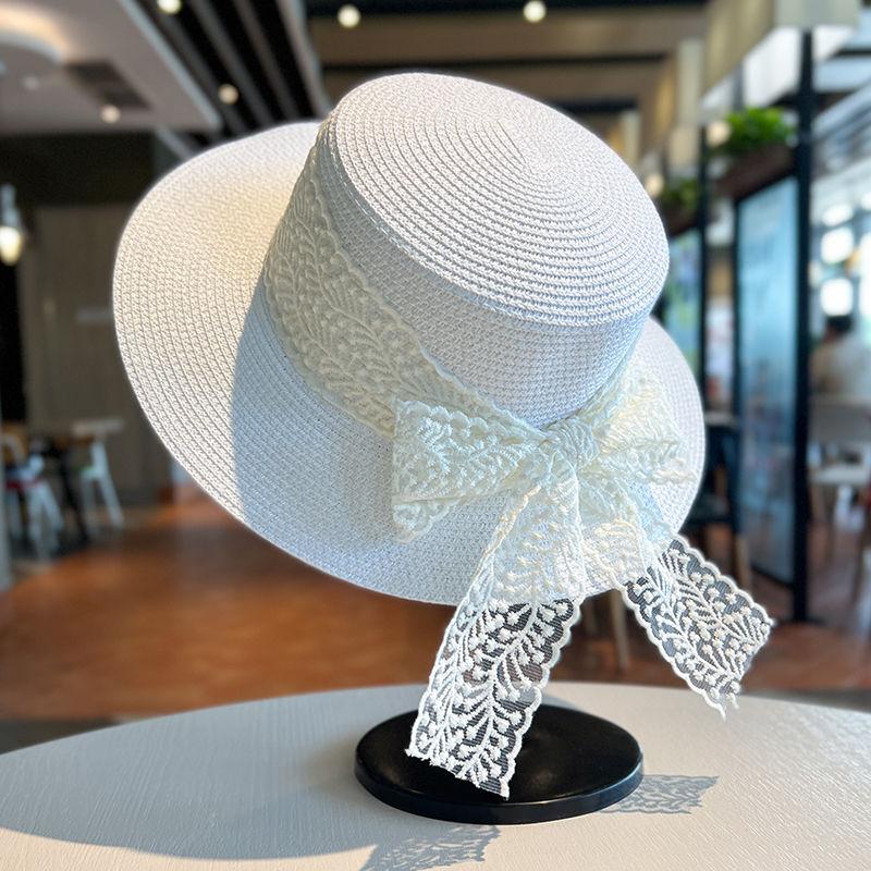 Straw Hat, Countryside Fashion, Versatile, Flat Top Lace Sun Hat, Straw Woven Travel Sun Hat, Sun Protection