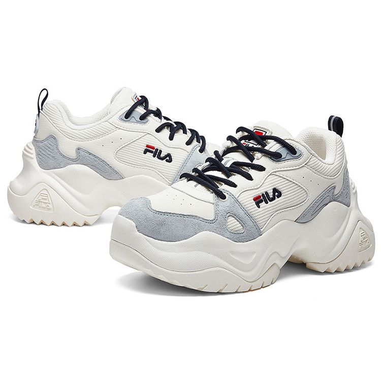 Fila Pose Tessuto Pelle Sintetica Punta Tonda Allacciatura Ammortizzante Antiscivolo Resistente all'Usura Scarpe Basse Stile Papà Sneaker Donna Bianco Grigio F12W941128FGD