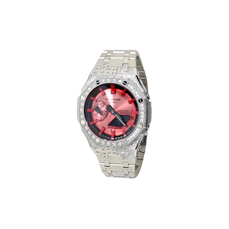 CASIO Customized watch modified series Red Realm Steel Ribbon Iron Man color sun pattern star diamond GA-2100RRB-4A(Watch3-GaiZhuang-ChiJingGangTao)