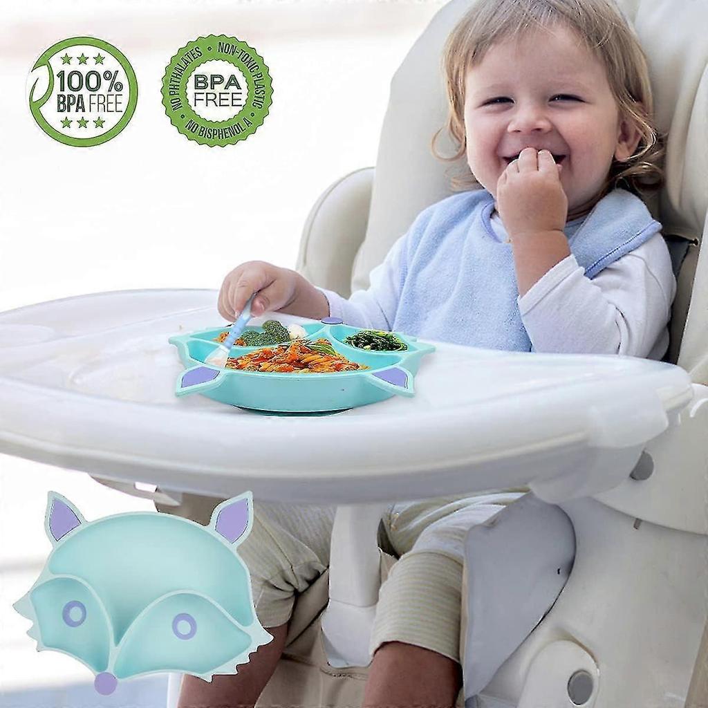 Silikone Baby Tallerken Sucker Non-slip Baby Tallerken Bpa Fri Med Skeer Til Børn Tåler Opvaskemaskine Mikrobølgeovn Dækkeserviet Høj Stol (blå)