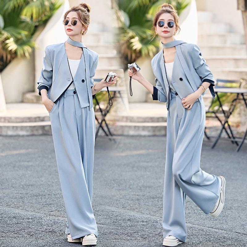 

Стильный женский лоскутный жакет с V-образным вырезом и брюки палаццо, комплект из двух предметов, весна 2025 XL (120-130 jin) синий