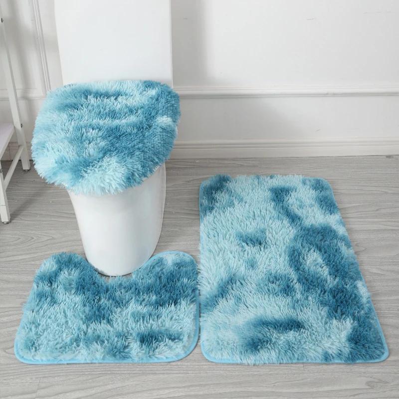 3 STKS/set Effen Kleur Huis Tapijten Toiletdeksel Hoes Kleden Kit Antislip Voetmat voor Badkamervloer Badkleed Voetmat 3PCS set hemelsblauwe kleur
