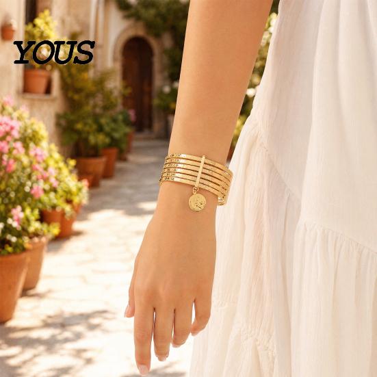 Vintage Inspired Bracelet Women with Portrait Coin Pendant, Multi-Layer Surround Check Pattern Stacking Effect Bangle, Electroplated Elastic Fit Wrist