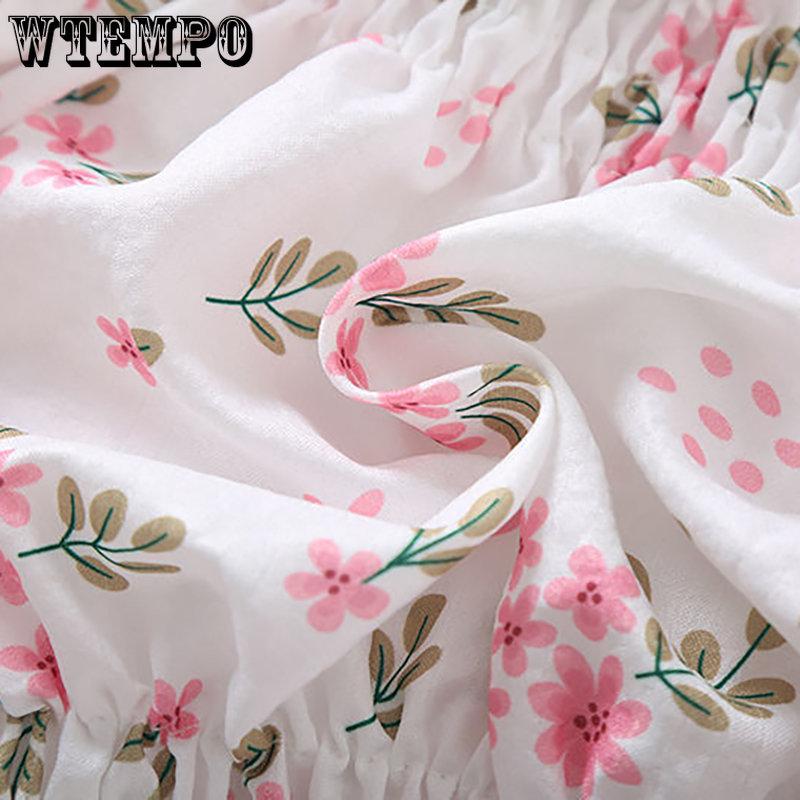 WTEMPO Little Fresh Flower Printed Off Shoulder Shirts Women's Summer Slim Sweet Stringy Selvedge Cropped Tops