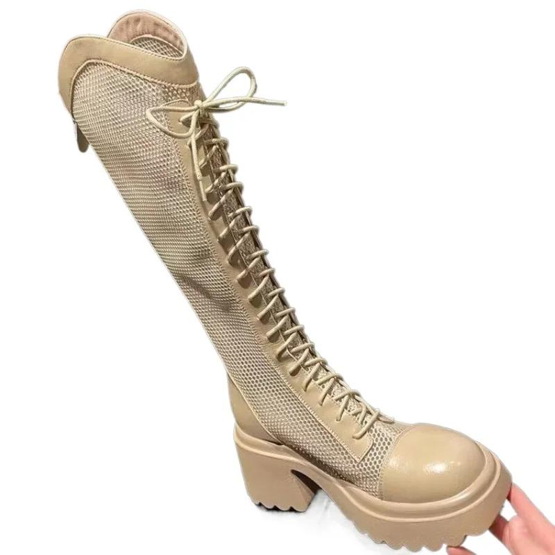 2025 Women's Shoes Mesh Knee-High Women's Boots Autumn Back Zip Modern Boots Round Toe Solid Shoes Ladies Retro Women's Sandals