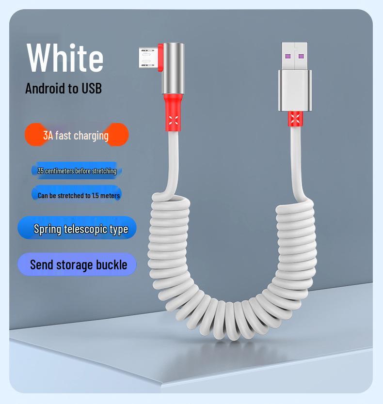 Câble USB Rétractable à Ressort Double Coude 6A Charge Rapide pour Téléphones & Voitures