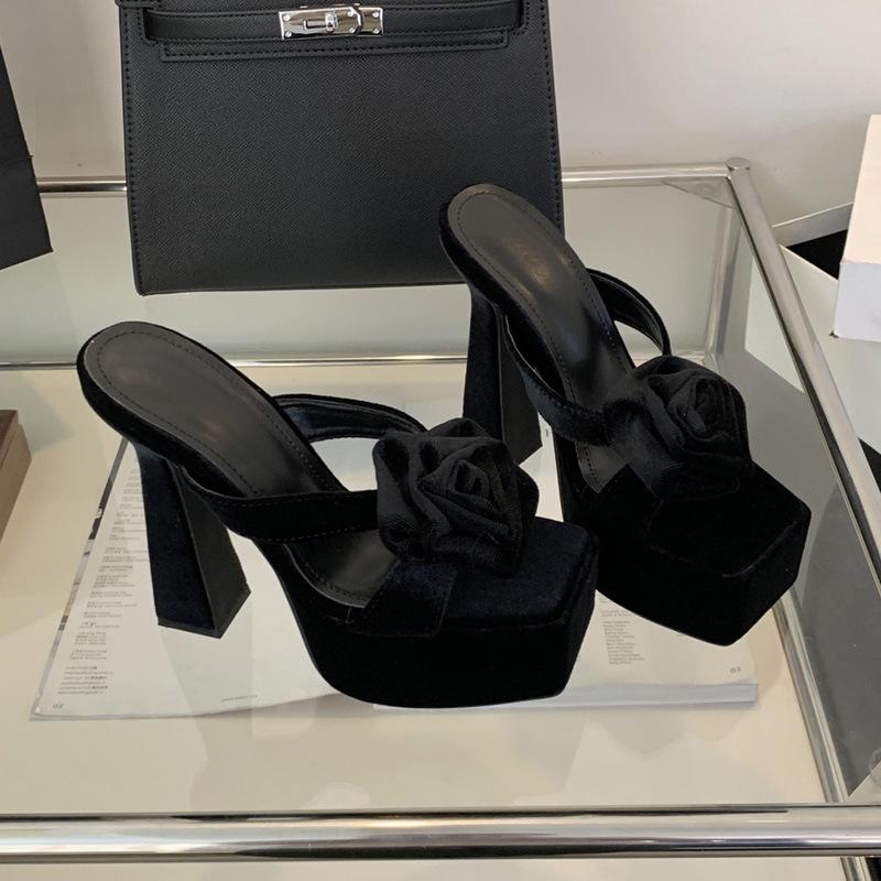 

High-heeled sandals, high-end square head, open-toed thick heels, and Mao Mao high-heeled slippers. 35 чорний