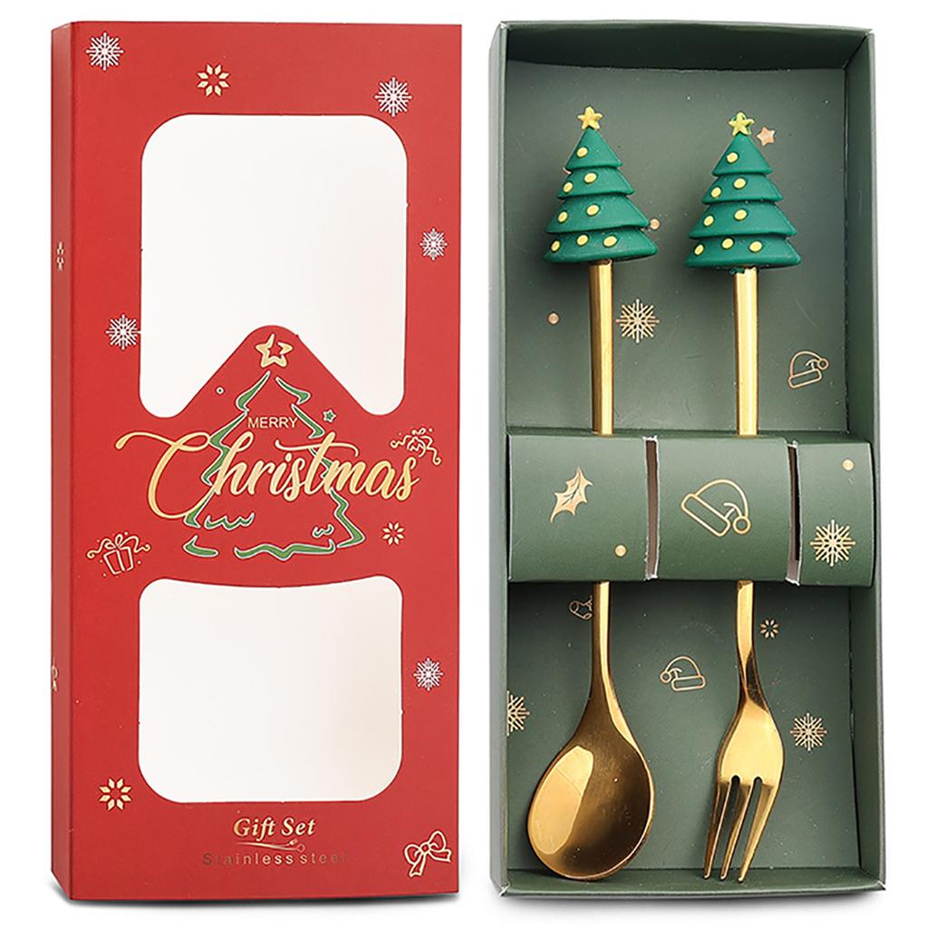 2Pcs Christmas Theme Dinnerware Set with Gift Box Elk Deer Christmas Hat Tree Fork Spoon Cutlery Set Stainless Steel Tableware