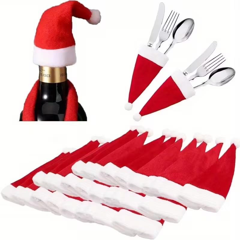 10-50Pcs Mini Christmas Hat Cutlery Tableware Holders Fork Knife Cutlery Bag Christmas New Year Party Home Table DIY Decoration