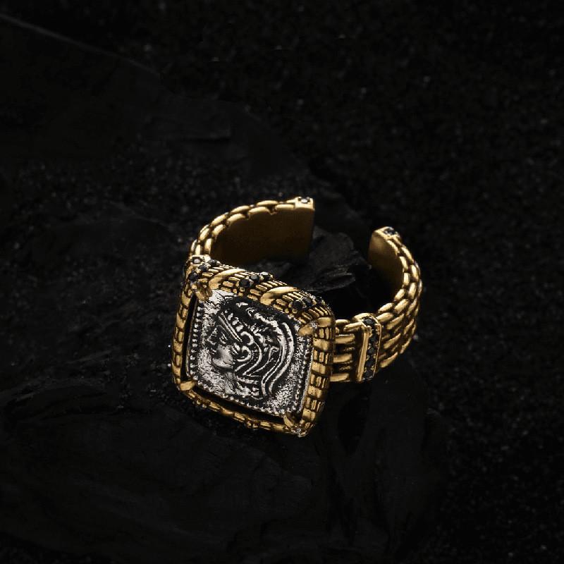 Elegant Antiqued Athena Coin Ring For Women Versatile Geometric Adjustable Accessory