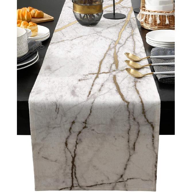 Marble Table Runner-Cotton linen-Long 72 inche White Gray Gold Dresser Scarves,Texture Tablerunner for Kitchen Coffee/Dining/Sofa/End Table Bedroom