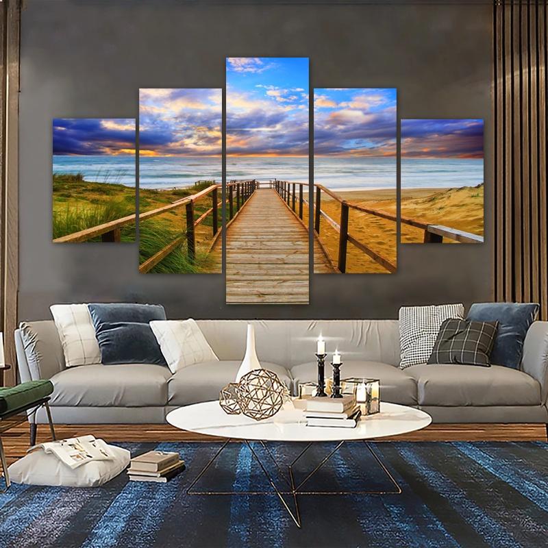 5 Panels Wood Bridge Posters Wall Art Landscape Beach Home Decor Sunset Canvas Prints Natural Painting Modern Pictures NO FRAME
