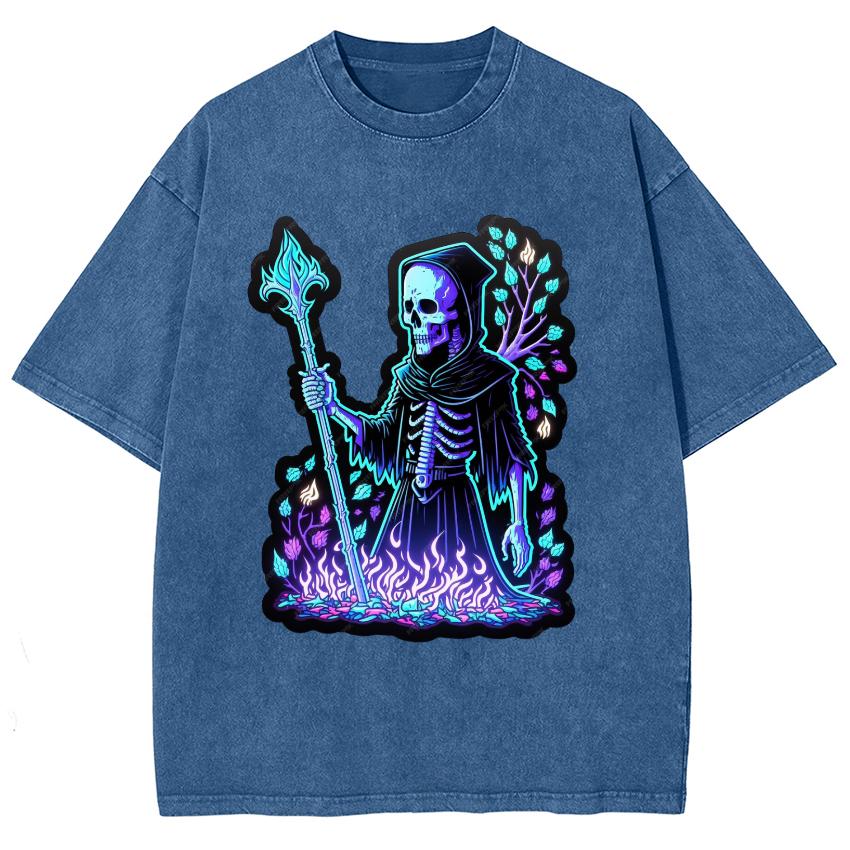 Purple Flame Skull Print Women's T-Shirt Washed Denim Fabric Super College Student Mid Sleeve Funny Retro Distressed Top