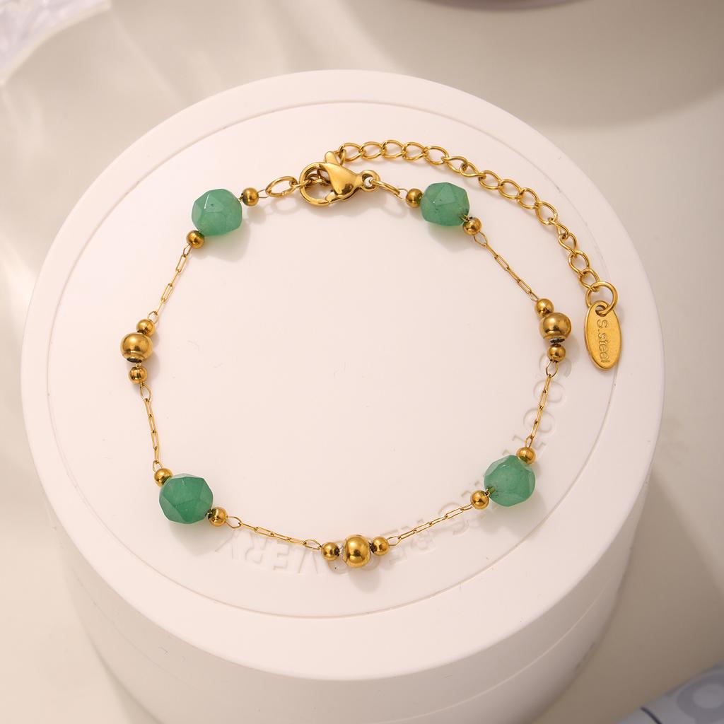 Bohemian 316 Stainless Steel Gold-Plated Ball Beaded Necklace Pink Green Natural Stone Chain Bracelet Set Women's Summer Zircon