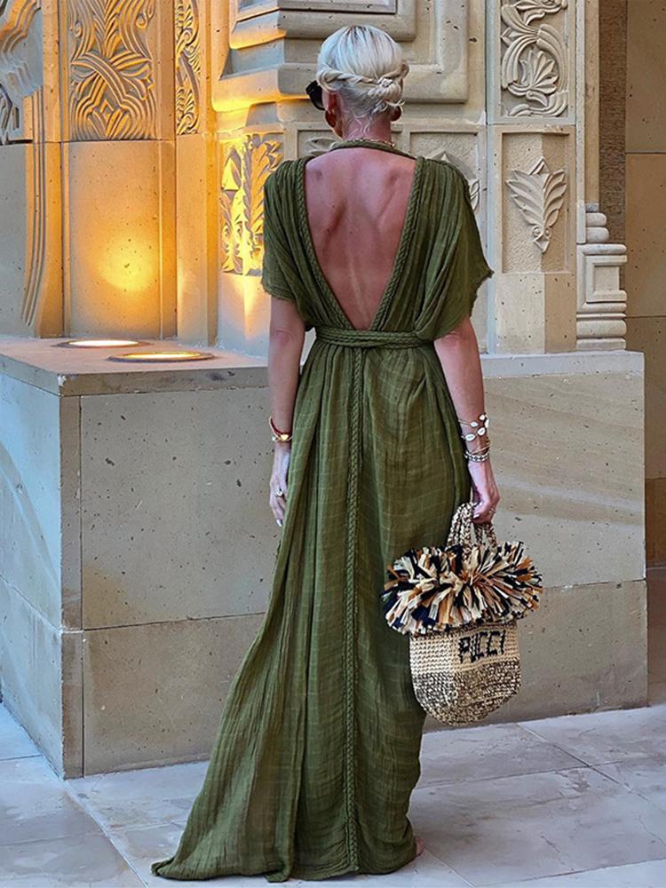 EDOLYNSA Femmes élégantes Célébrité Tempérament Sexy V Profond Tricot Corde Tressée Fête D'été Maxi Robe Tunique Beachwear Maillot De Bain Cover Up A2848