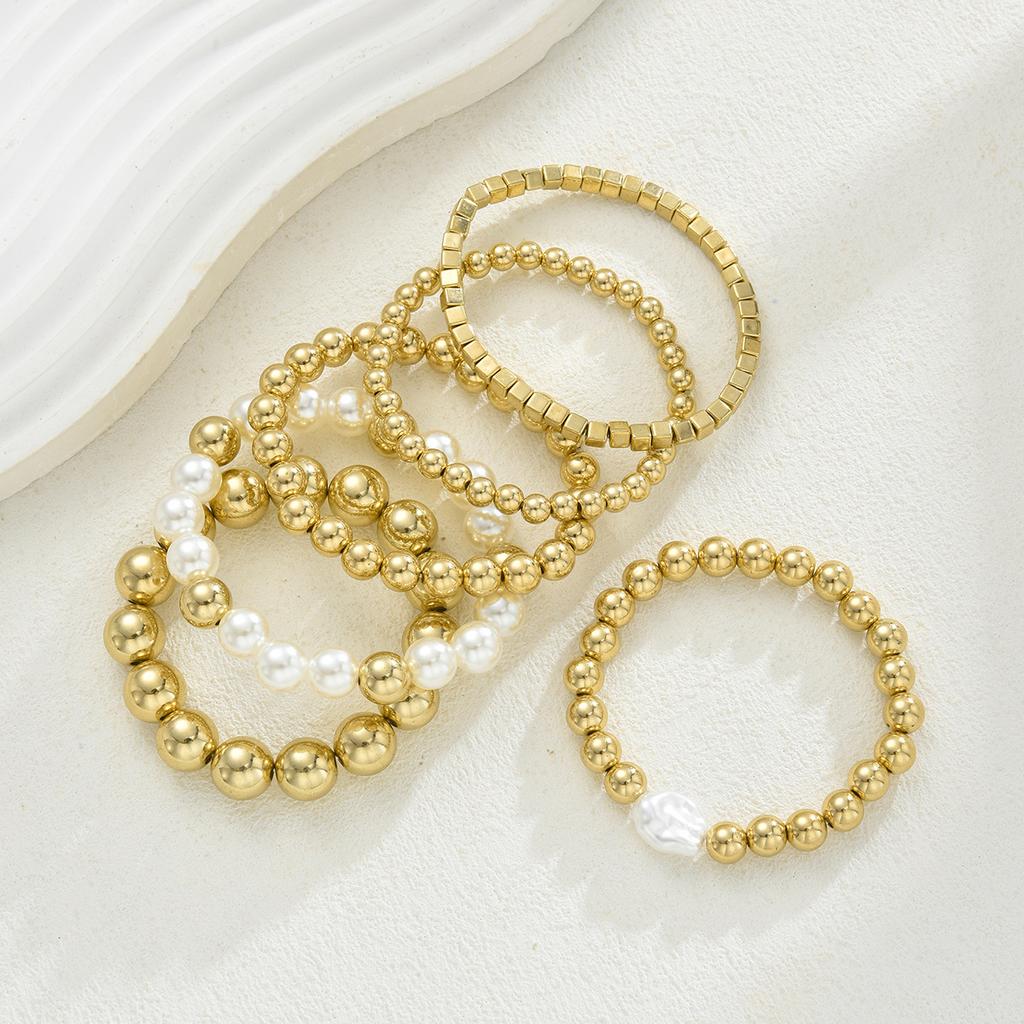 6Pcs/Set Fashion Gold Color CCB Bead Bracelets Vintage Imitate Geometric Bracelet For Women Daily Wear Jewelry