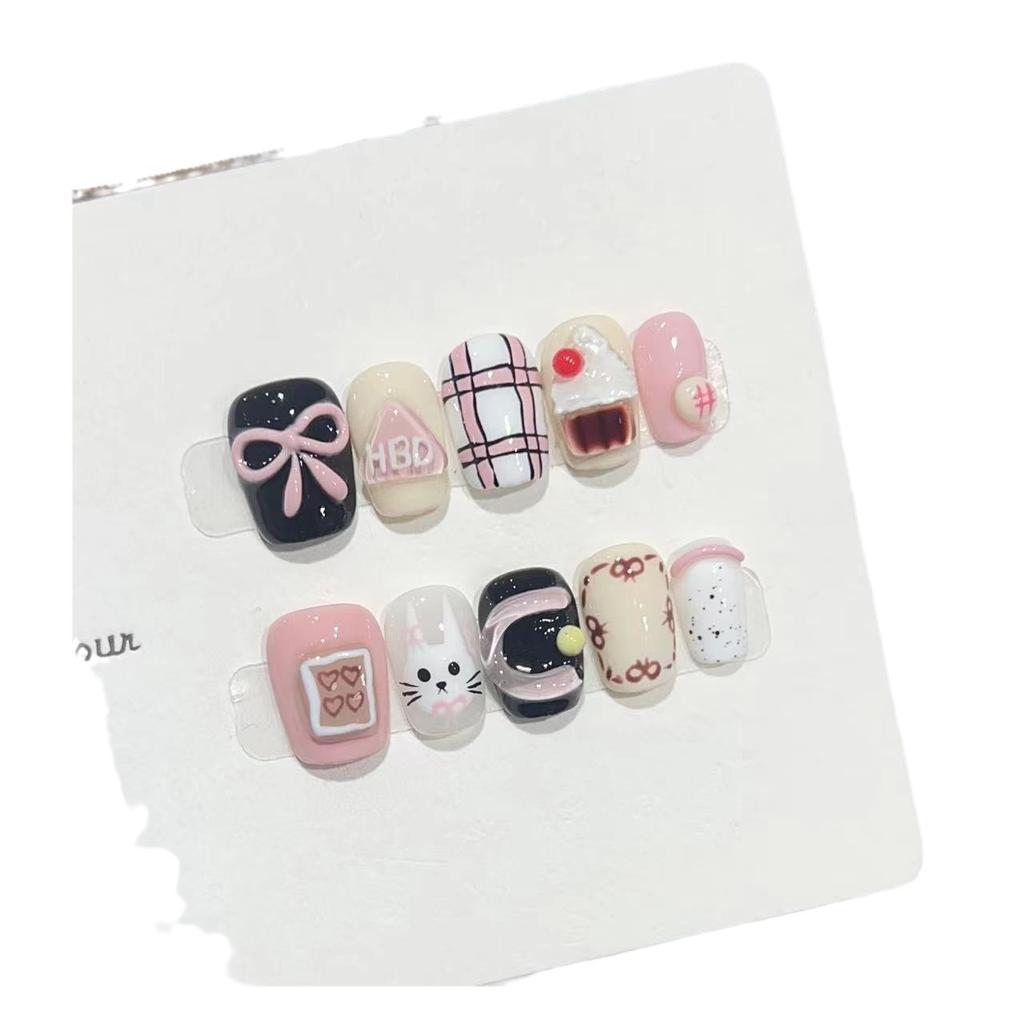 Cute Style Wear Nails Daily Short Nail Art Handmade Three-dimensional Pinching Glue Dopamine Color Removable Fake Nail Sheets
