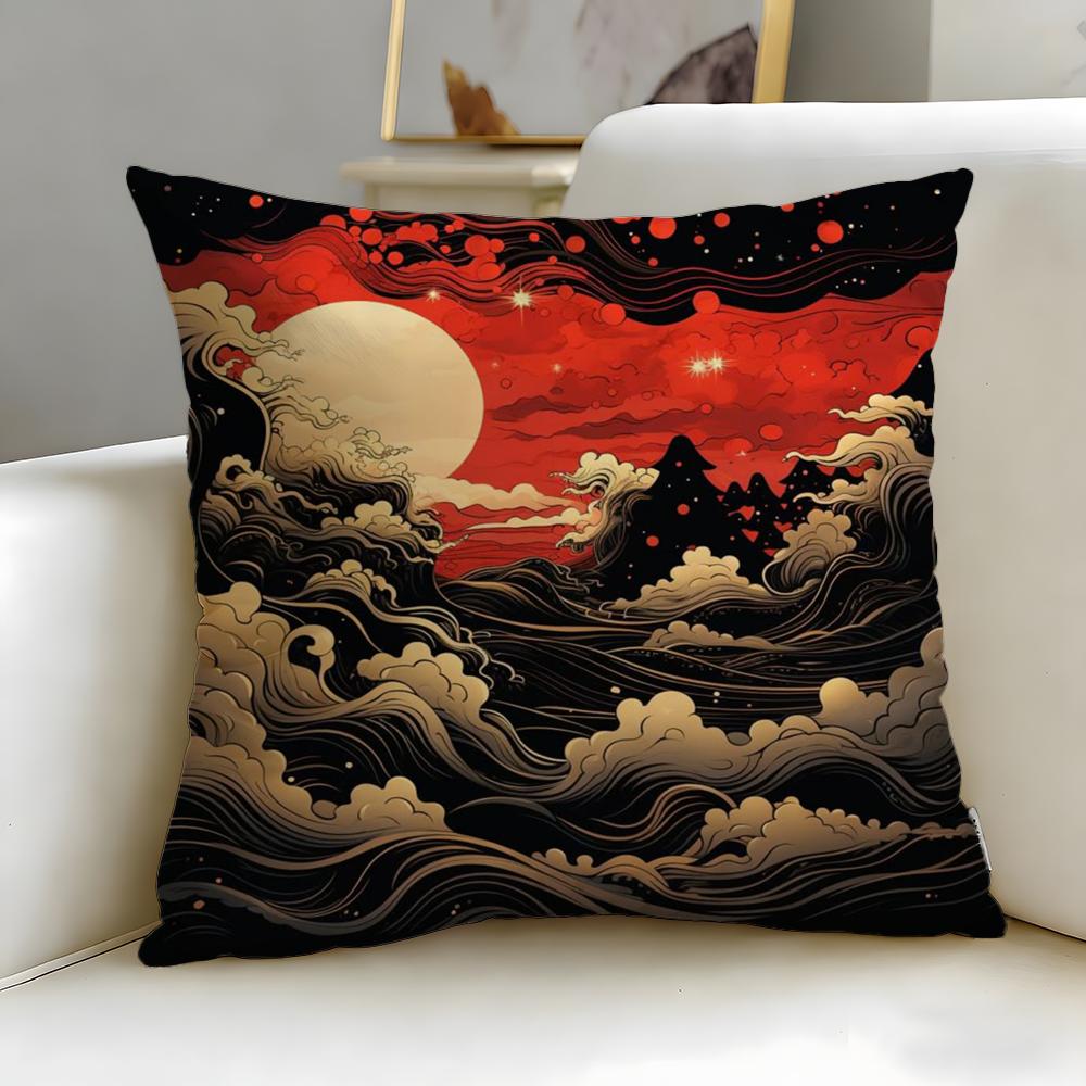 Classic Art Theme Japanese Waves Cushion Cover Soft  EasyWash Pillow Case  Versatile for Couch Bed Travel and Office