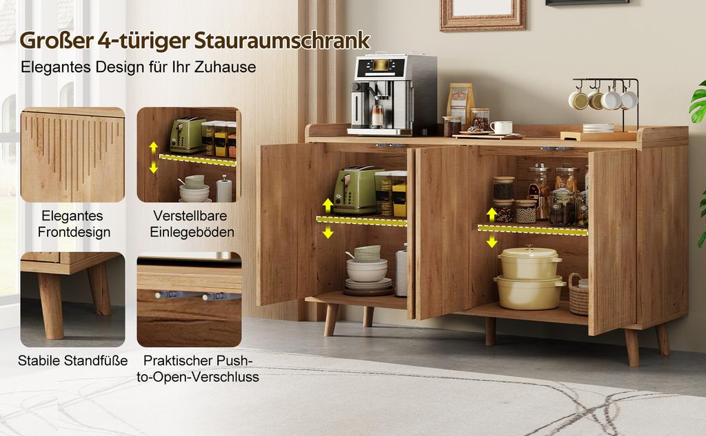 Mobile da cucina, Credenza con 4 ante e ripiani regolabili, Mobile contenitore per sala da pranzo e soggiorno, 140 x 40 x 84 cm