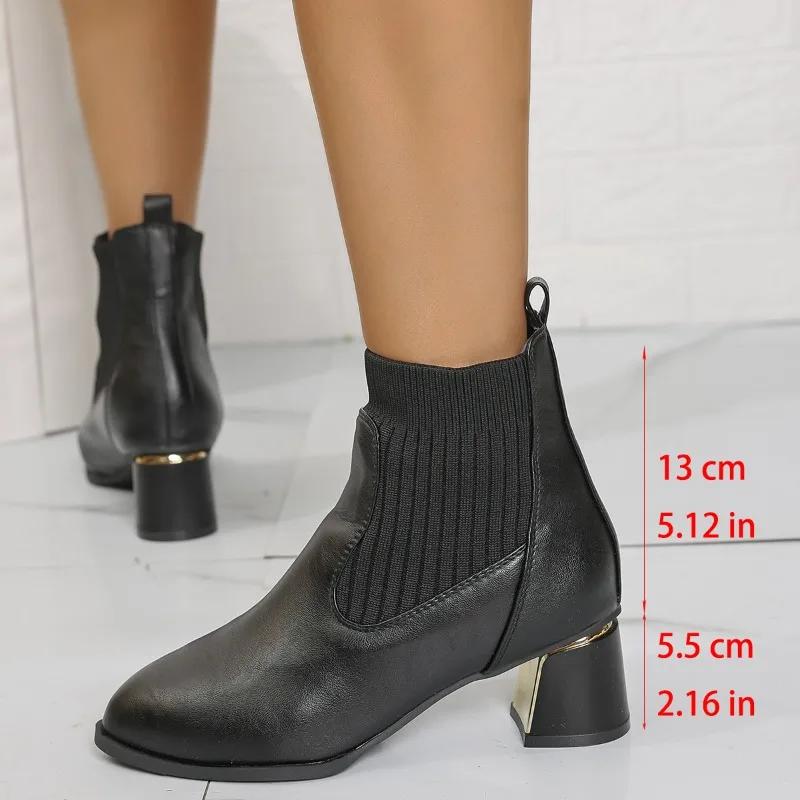 2025 Slip-on Women's Fashion Short Boots Leather Round Toe Thick Heel Solid Autumn Casual Ankle Boots Comfortable Shoes Ladies