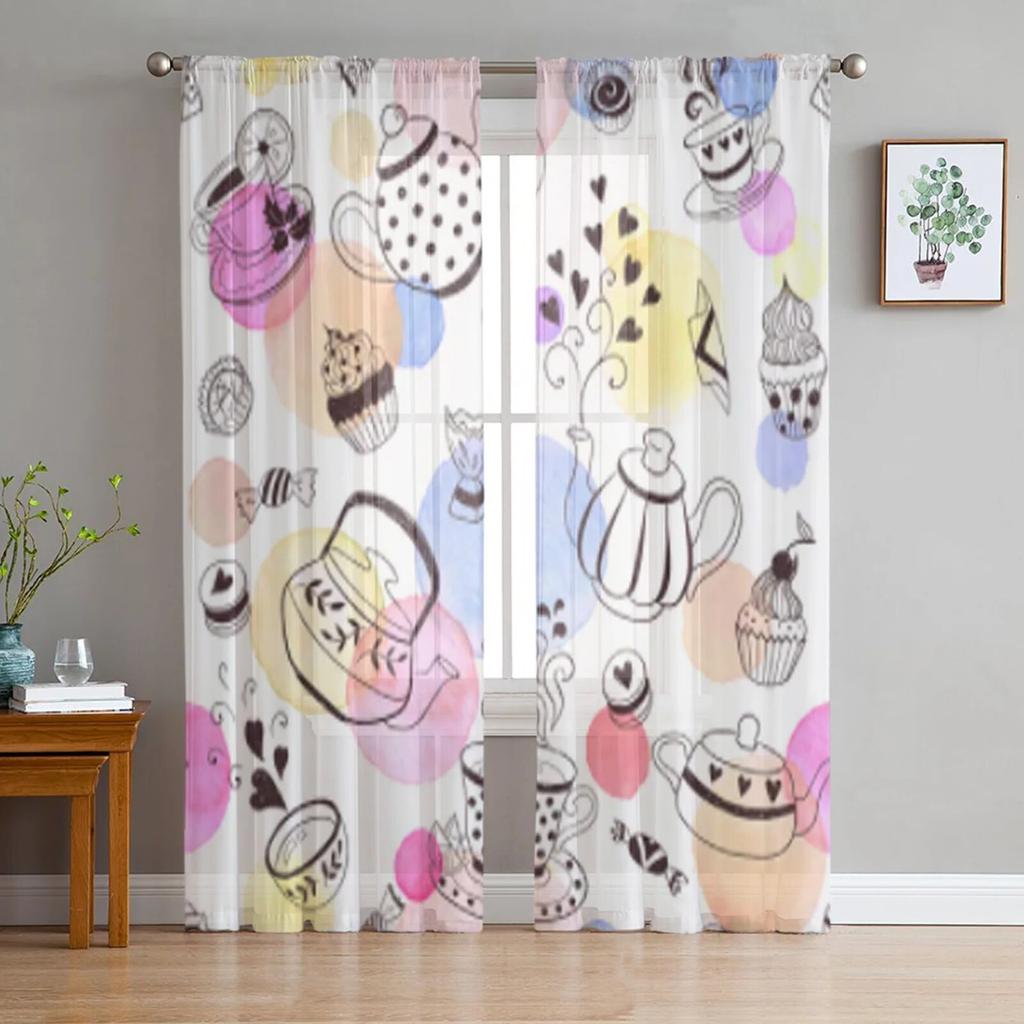 Ice Cream Cone And Cupcakes Tulle Curtain For Living Room Sheer Valance Curtain For Kitchen Bedroom Window Drapes