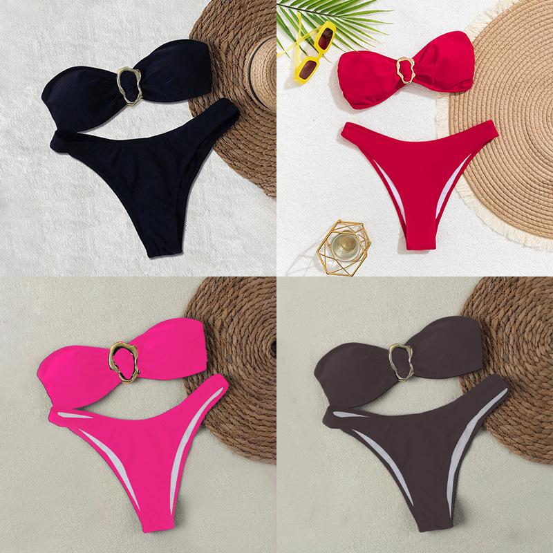 Women’s Summer Bathing Suit Solid Color Bandeau and High Cut Bottom Sexy Bikini Swimsuit, Two-Piece Swimwear