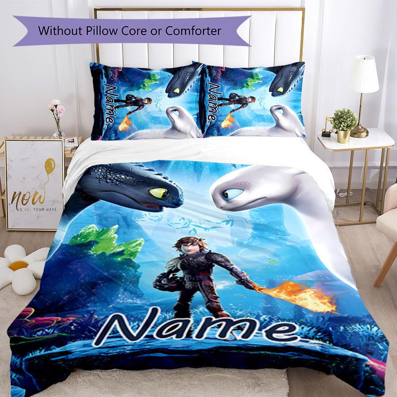 3pcs Toothless Cover Set - Personalized Name, HD Printed Bedding with 1 Cover and 2 Pillowcases - Perfect for Home Decor, Easy Care