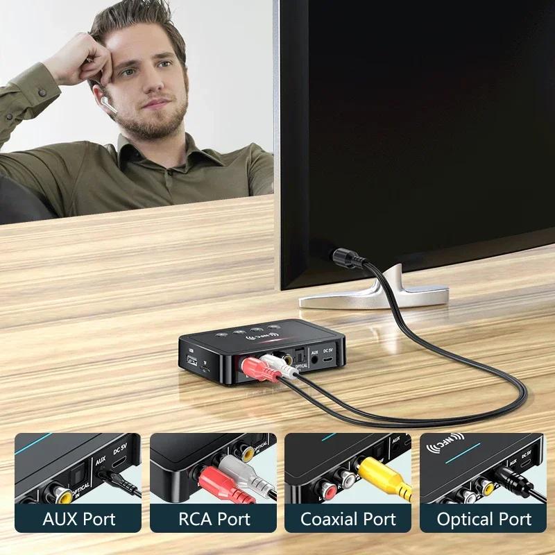Wireless Audio Bluetooth 5.0 Adapter, NFC Bluetooth Receiver Transmitter Stereo AUX Jack Optical Mic IR Remote TV PC Headphone