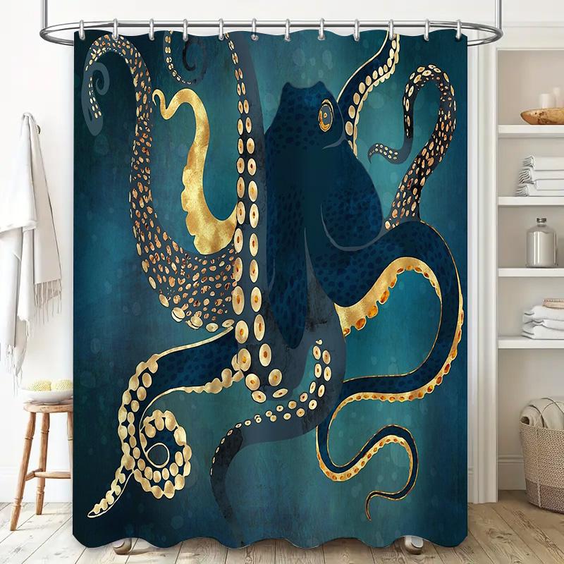 Oceaan Octopus Douchegordijn Zeeleven Kust Badkamer Decoratie Nautisch Petrol Blauw Waterdicht Douchegordijn Set Vintage Muurkunst