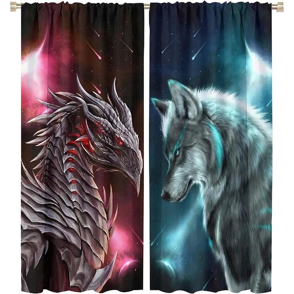 Fialová Galaxy Wolf Wolves 3D tištěná tenká záclona do ložnice Obývací pokoj Hotelové okno 2 panely 65% ​​Sluneční clona