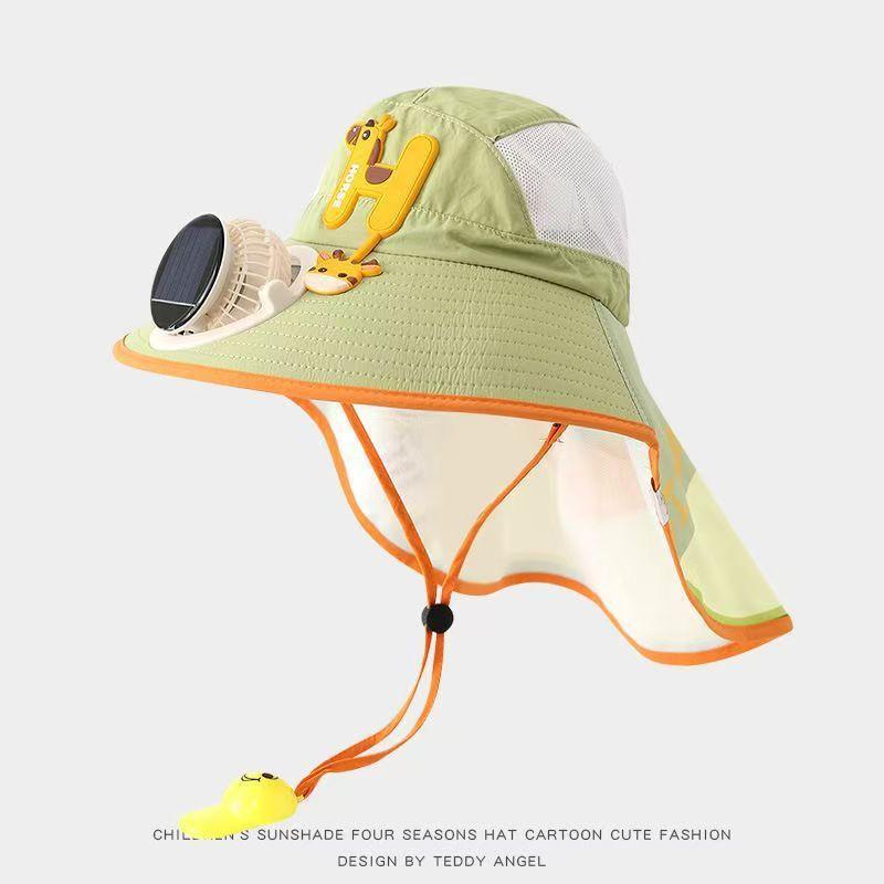 Kids Wide Brim Sun Hat Solar Rechargeable Fan Neck Flap Uv Protection For Summer Beach Activities