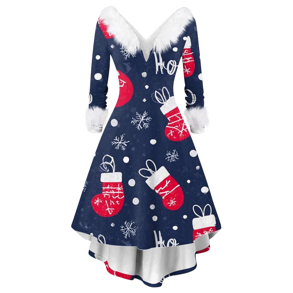 Women's Fashion Elegant Autun And Winter Long Sleeve V-Neck Christmas Print Dress