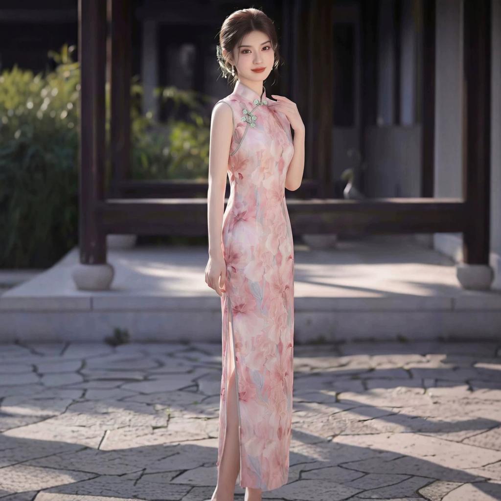 Pink Smudged Improved Cheongsam 1011 New Sleeveless Young Girl Slim-fitting Long Floral Daily Dress