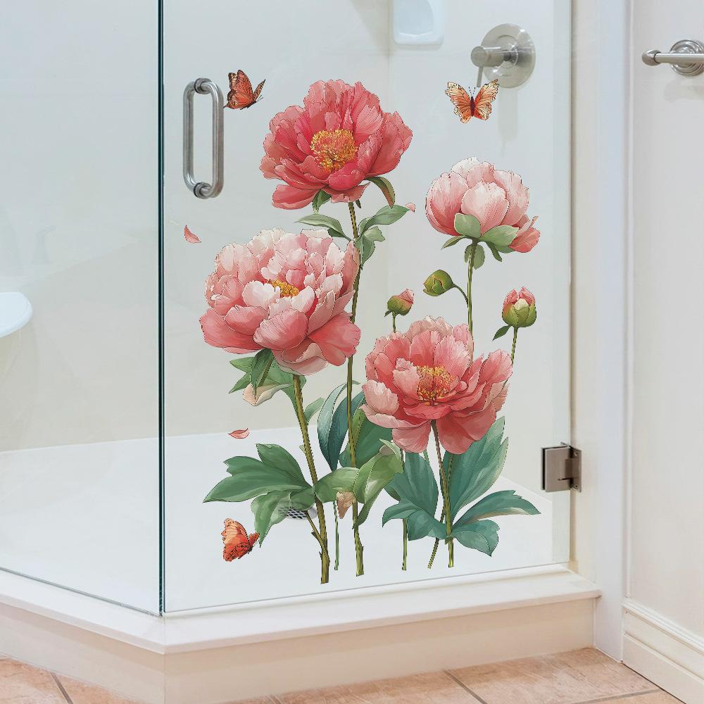 Home Background Wall Decoration Stickers Featuring Noble Peonies and Dancing Butterflies