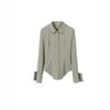 Women's Slim-Fit Green Striped Polo Collar Long-Sleeved Shirt