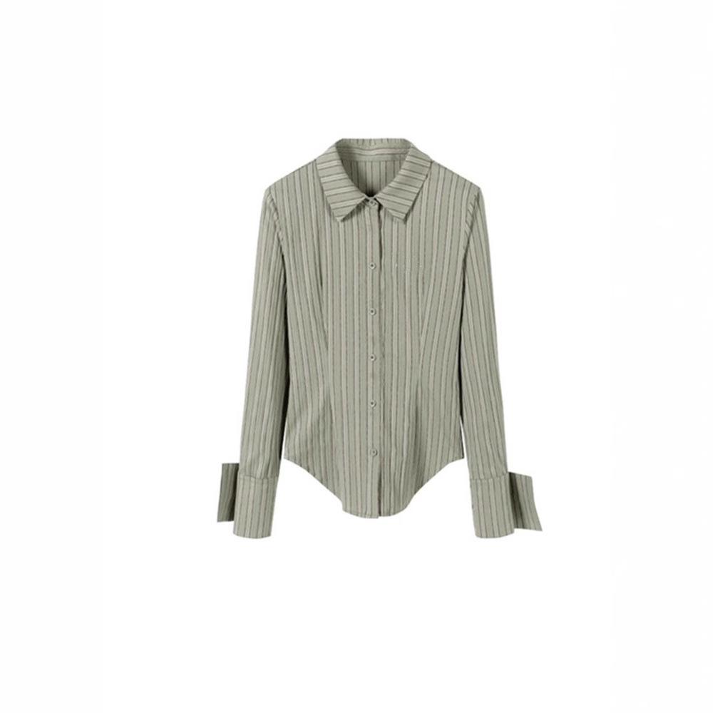 Women's Slim-Fit Green Striped Polo Collar Long-Sleeved Shirt