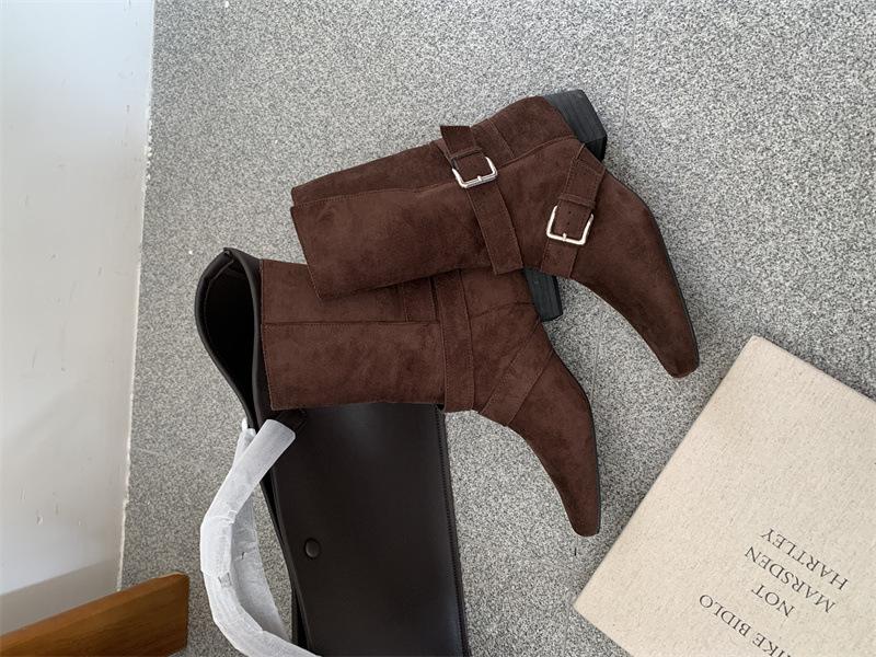 

Coarse heel suede square head short boots women s 2025 autumn and winter new button lapel two wear women s boots sleeve fashion boots women 39 коричневий