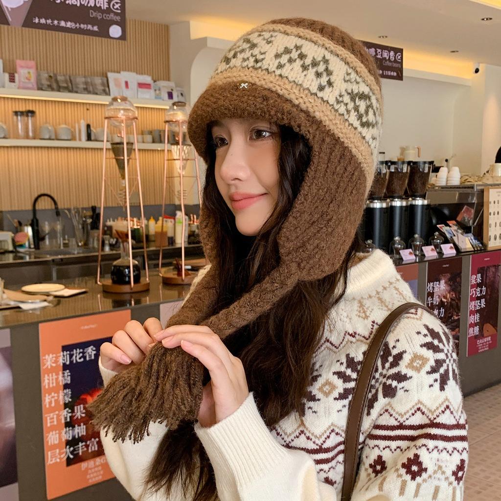 Fair Island Wind Red Knitted Wool Hat Women's Autumn and Winter Jacquard Warm Ear Protection Hat Thickened Cold-proof Knitted Hat