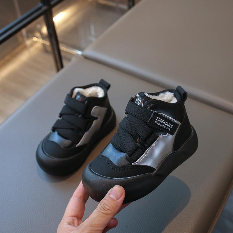 Children's mid-high-top fleece-lined thickened cotton shoes, winter leather sneakers for boys, stylish sports shoes, warm shoes for girls