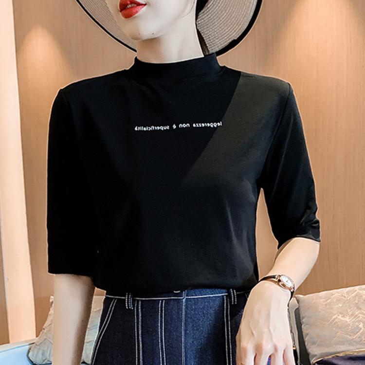 

Новая летняя белая футболка с коротким рукавом для женщин с полувысоким воротником, приталенная хлопковая футболка с рукавом пять четвертей, топ S чёрный