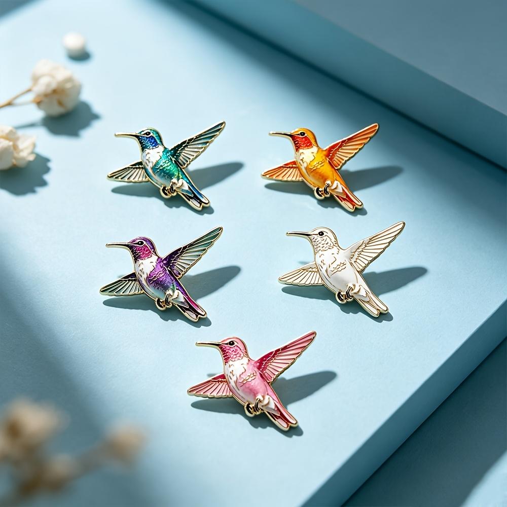 Colorful Hummingbird Enamel Pin Set, Delicate Flying Bird Brooches, Vibrant Nature-Inspired Metal Badges with Gold Trim