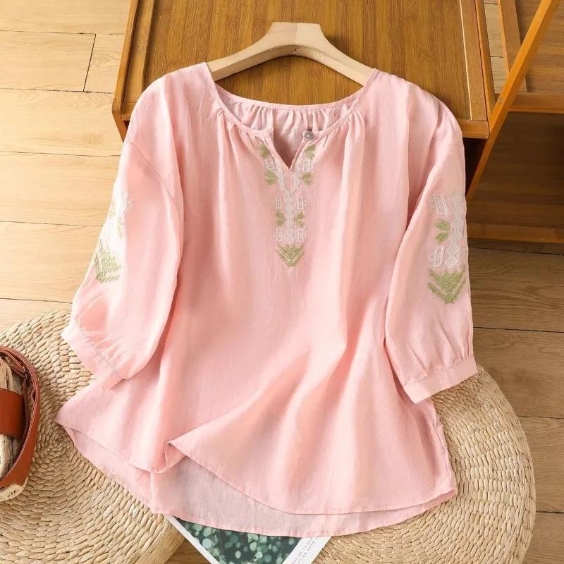 Summer Women's Ethnic Style Top Cotton Linen Embroidered Lantern Sleeve Top