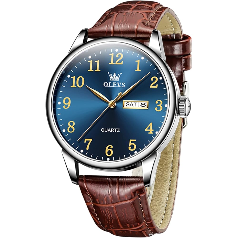 OLEVS Men s Casual Analog Watch Brown Leather Band Waterproof Business Quartz Date Display