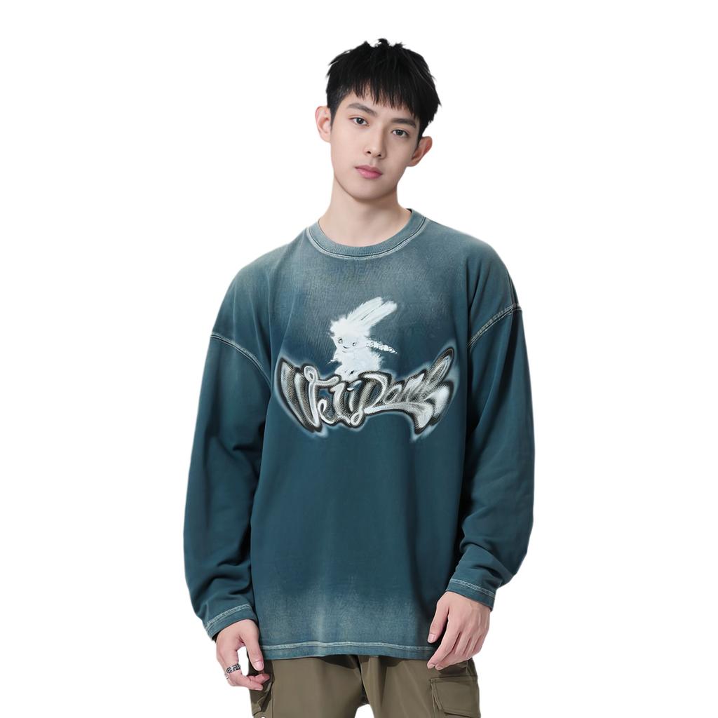 We11done Ss23 Logo Rabbit Print Crewneck Sweatshirt Unisex sweatshirt Blue WD-TT1-23-898-U-BL