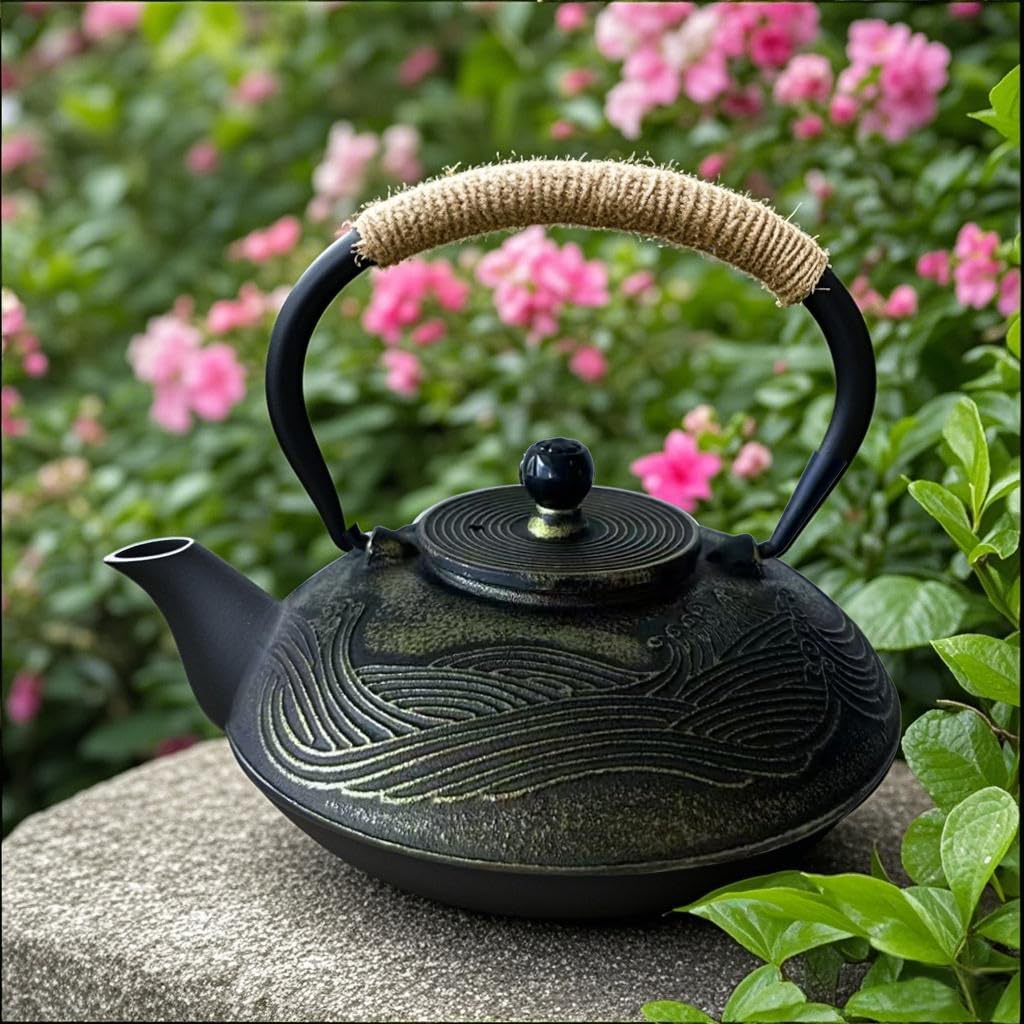 HwaGui Nanbu Ironware Teapot, Stylish IH Compatible, Iron Supplement, Teapot with Tea Whisk, 1000ml (Ocean Waves)
