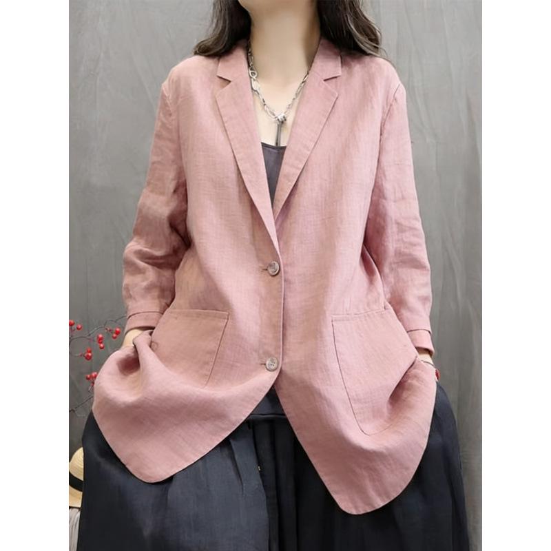 Women s Casual Loose Cotton Linen Blazer - Korean Style Summer 2026, Long Sleeve Top Extra Large
