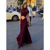 Women's Long Dress Temperament Elegant Round Neck Mesh Pleated Navel Dress