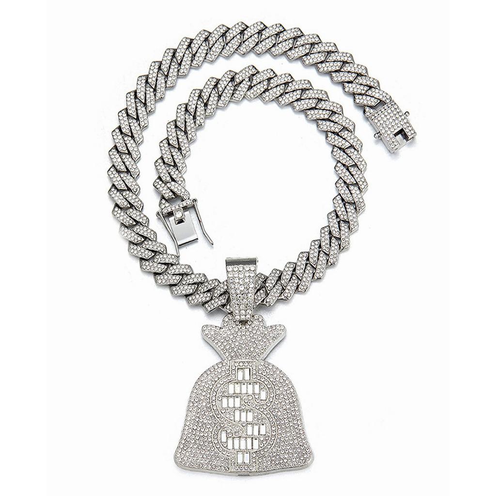 Alloy Personality Rock Sugar Diamond Dollar Coin Bag Pendant Rhombus Cuban Necklace Hip Hop Rap Jewelry