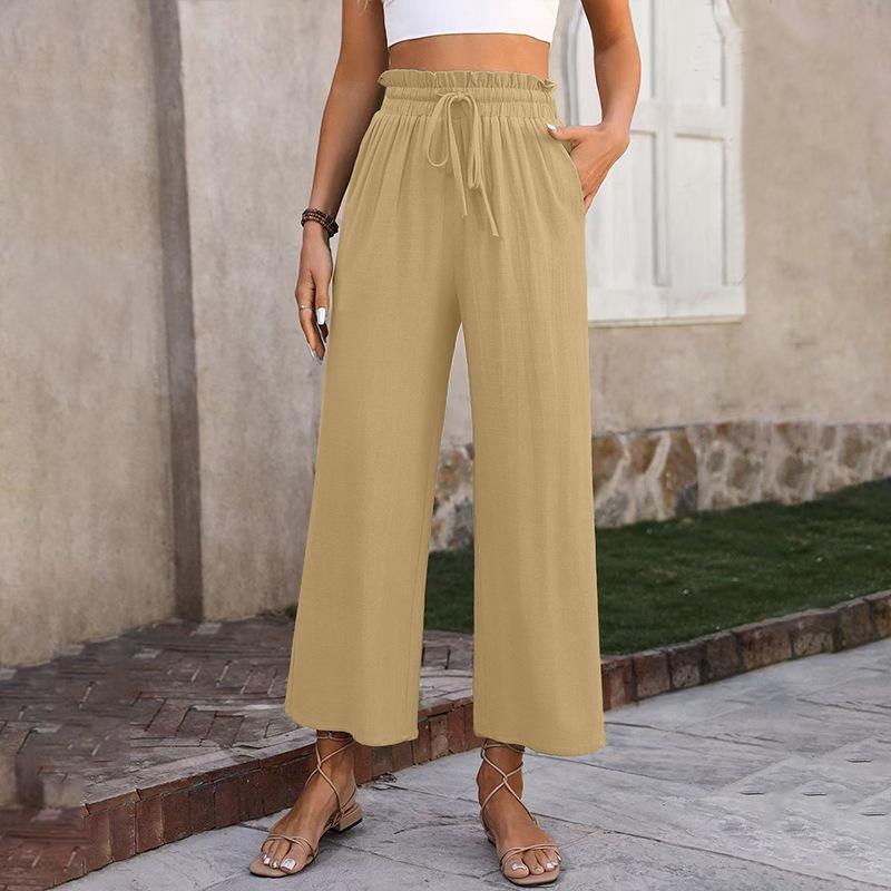 New Women's Solid Color Cotton Linen Wide Leg Pants, High Waist Elastic Drawstring Casual Trousers for Spring Summer